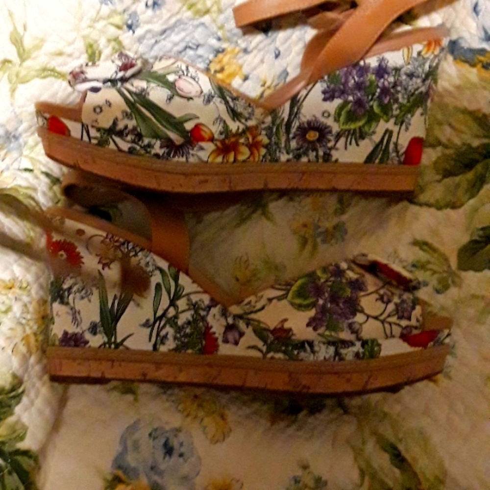Wedge heels (Clarks artisan worn once) purple red green and pink floral. A bow